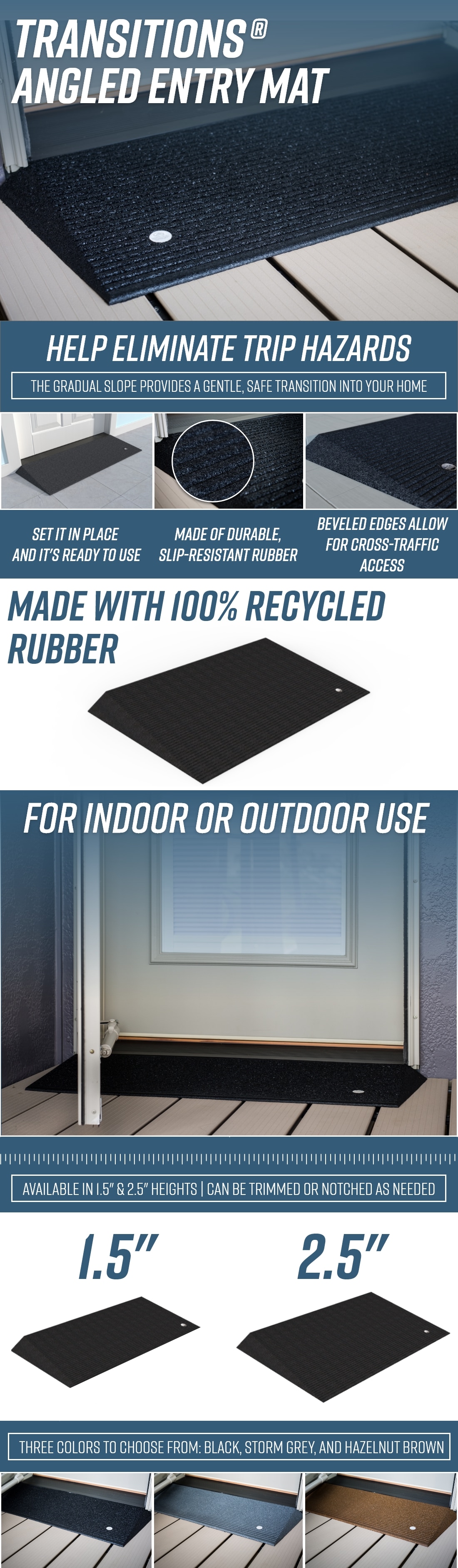 EZACCESS TRANSITIONS Angled Entry Door Threshold Mat, Black, Rubber